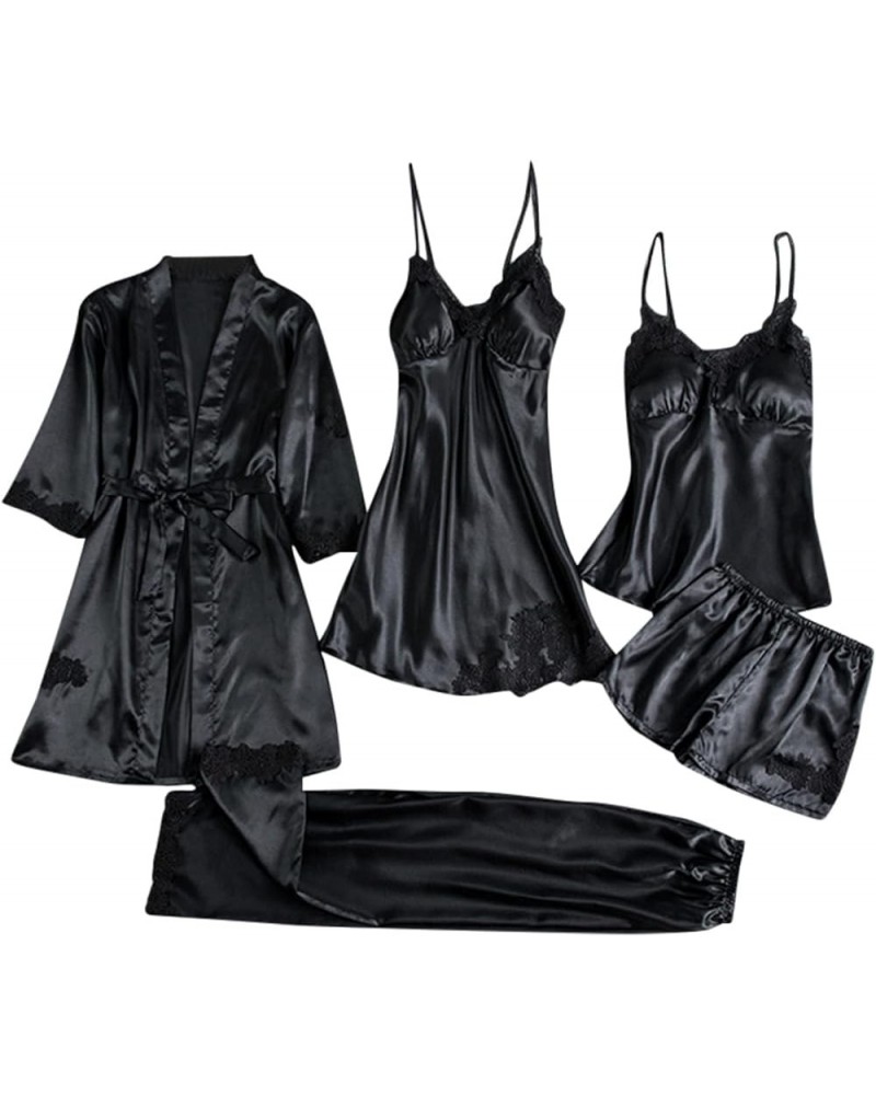 Womens 4PCS Silk Pajama Set Sexy Matching Satin Night Gowns Cute Lingerie Silky Sleepwear New Year Eve S-5XL Z-h-1-black Prim...