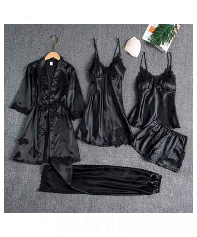 Womens 4PCS Silk Pajama Set Sexy Matching Satin Night Gowns Cute Lingerie Silky Sleepwear New Year Eve S-5XL Z-h-1-black Prim...