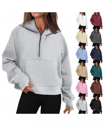 Zip Up Hoodies for Women Kangaroo Pocket Fleece Cropped Half Zip Pullover Y2k Fall Trendy Sweatshirt with Thumb Hole A-wine $...