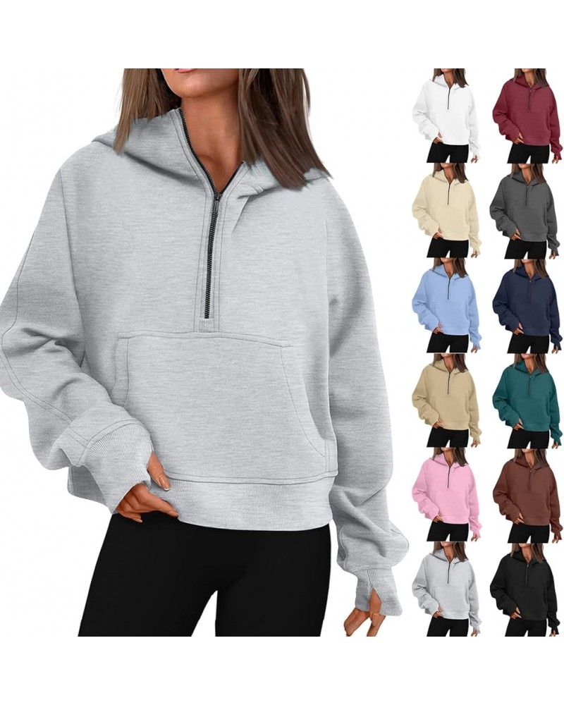 Zip Up Hoodies for Women Kangaroo Pocket Fleece Cropped Half Zip Pullover Y2k Fall Trendy Sweatshirt with Thumb Hole A-wine $...