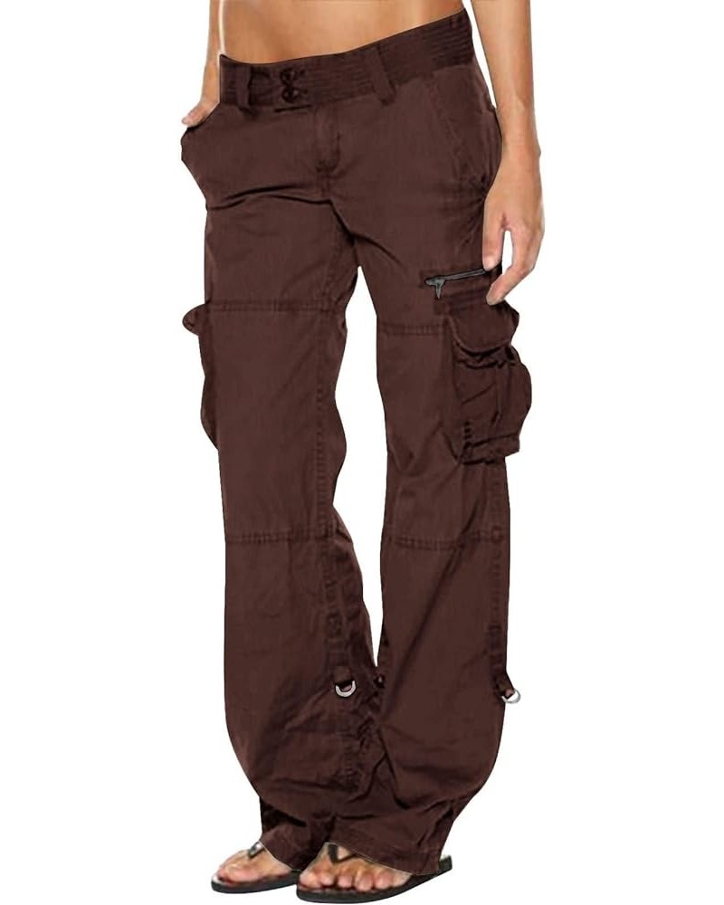 Women Cargo Pants Casual Baggy Military Tactical Jeans Trousers Straight Wide Leg Pants with Pockets Dark Brown $15.64 Jeans