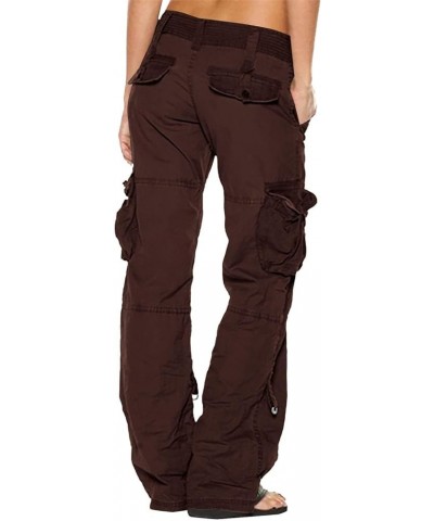 Women Cargo Pants Casual Baggy Military Tactical Jeans Trousers Straight Wide Leg Pants with Pockets Dark Brown $15.64 Jeans