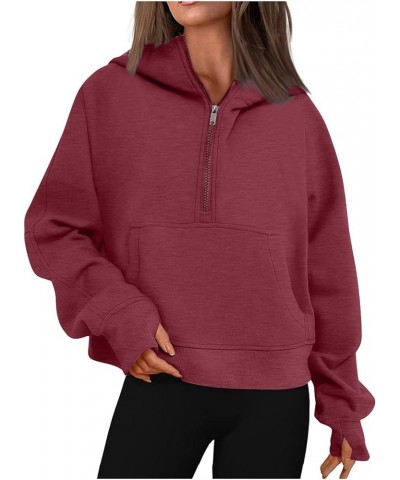 Zip Up Hoodies for Women Kangaroo Pocket Fleece Cropped Half Zip Pullover Y2k Fall Trendy Sweatshirt with Thumb Hole A-wine $...