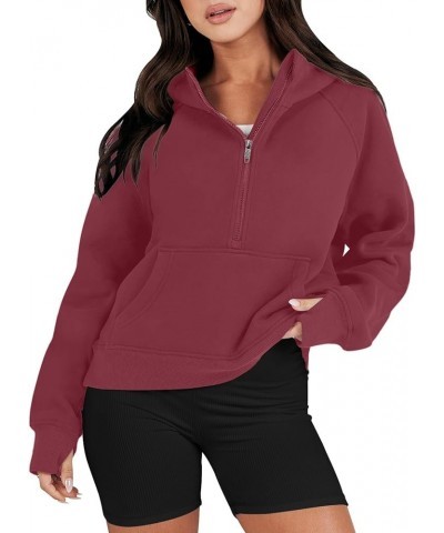 Zip Up Hoodies for Women Kangaroo Pocket Fleece Cropped Half Zip Pullover Y2k Fall Trendy Sweatshirt with Thumb Hole A-wine $...