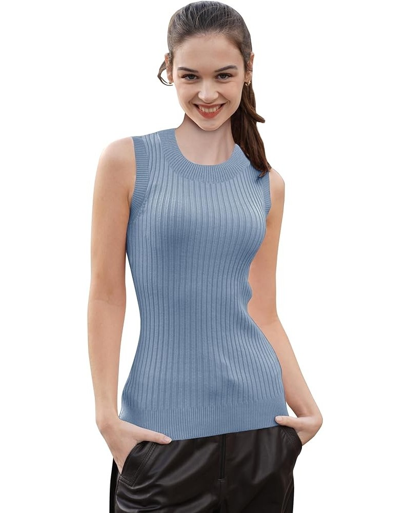 Women Crew Neck Sleeveless Stretchable Knit Sweater Shirts Tank Tops Lightblue $9.99 Tanks