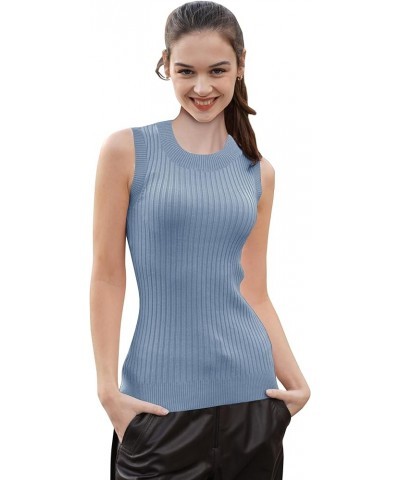 Women Crew Neck Sleeveless Stretchable Knit Sweater Shirts Tank Tops Lightblue $9.99 Tanks