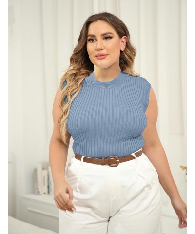 Women Crew Neck Sleeveless Stretchable Knit Sweater Shirts Tank Tops Lightblue $9.99 Tanks