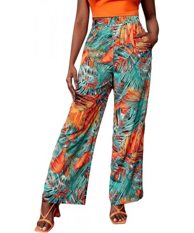 Women's Tropical Print High Elastic Waisted Wide Leg Loose Pants Trousers Multicolored $9.00 Pants