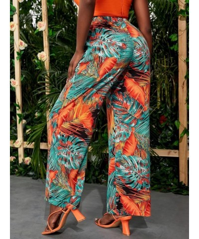 Women's Tropical Print High Elastic Waisted Wide Leg Loose Pants Trousers Multicolored $9.00 Pants