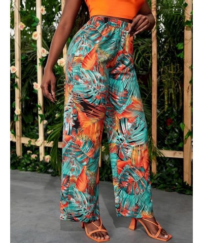 Women's Tropical Print High Elastic Waisted Wide Leg Loose Pants Trousers Multicolored $9.00 Pants