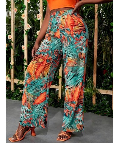 Women's Tropical Print High Elastic Waisted Wide Leg Loose Pants Trousers Multicolored $9.00 Pants