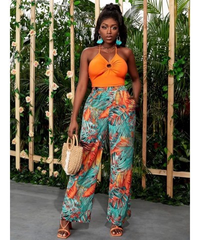 Women's Tropical Print High Elastic Waisted Wide Leg Loose Pants Trousers Multicolored $9.00 Pants