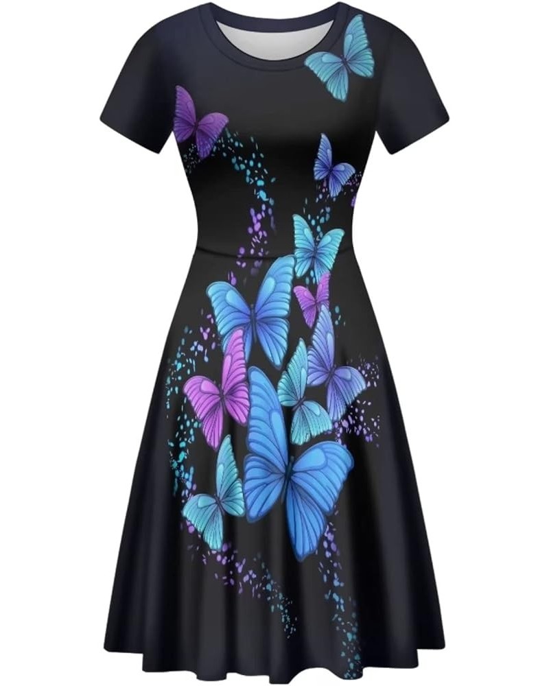 Women Dresses Sundresses Midi Length Swing Summer Casual Beach Dress A-line Short Sleeve Plus Size Blue and Purple Butterfly ...