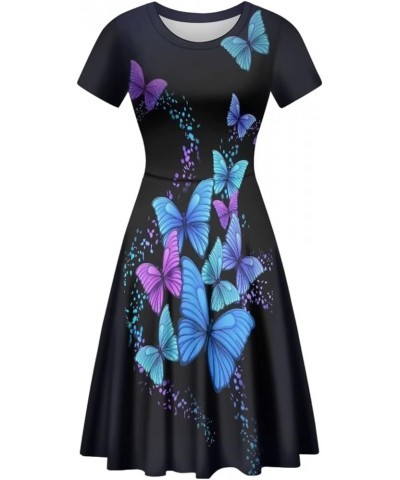 Women Dresses Sundresses Midi Length Swing Summer Casual Beach Dress A-line Short Sleeve Plus Size Blue and Purple Butterfly ...