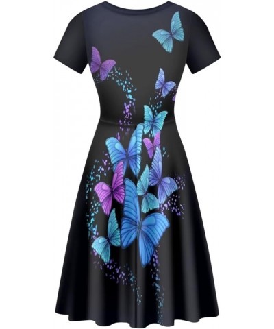 Women Dresses Sundresses Midi Length Swing Summer Casual Beach Dress A-line Short Sleeve Plus Size Blue and Purple Butterfly ...