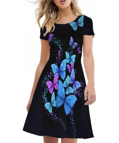 Women Dresses Sundresses Midi Length Swing Summer Casual Beach Dress A-line Short Sleeve Plus Size Blue and Purple Butterfly ...