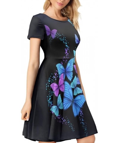 Women Dresses Sundresses Midi Length Swing Summer Casual Beach Dress A-line Short Sleeve Plus Size Blue and Purple Butterfly ...