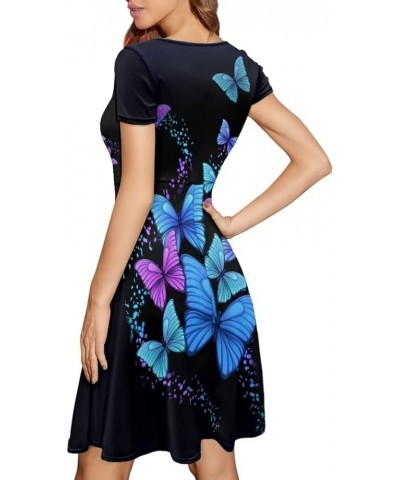 Women Dresses Sundresses Midi Length Swing Summer Casual Beach Dress A-line Short Sleeve Plus Size Blue and Purple Butterfly ...