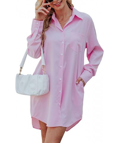 Shirt Dresses for Women Casual Loose Solid Striped Long Sleeve V Neck Button Down Shirts Dress Pink $16.73 Blouses