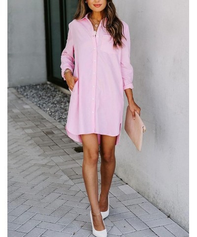 Shirt Dresses for Women Casual Loose Solid Striped Long Sleeve V Neck Button Down Shirts Dress Pink $16.73 Blouses