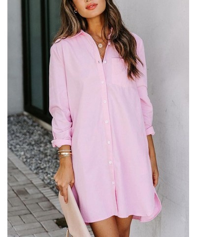 Shirt Dresses for Women Casual Loose Solid Striped Long Sleeve V Neck Button Down Shirts Dress Pink $16.73 Blouses