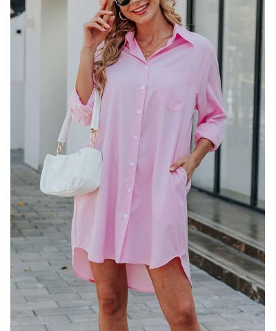 Shirt Dresses for Women Casual Loose Solid Striped Long Sleeve V Neck Button Down Shirts Dress Pink $16.73 Blouses