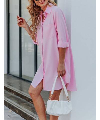 Shirt Dresses for Women Casual Loose Solid Striped Long Sleeve V Neck Button Down Shirts Dress Pink $16.73 Blouses