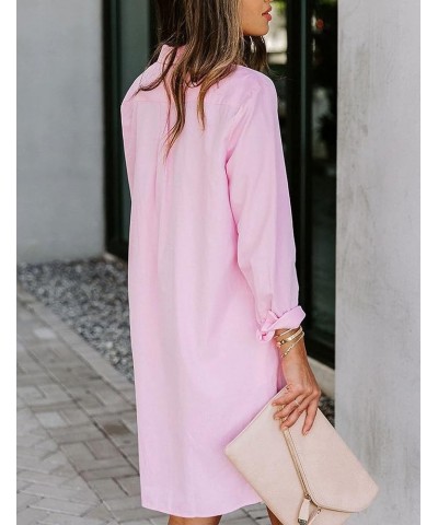 Shirt Dresses for Women Casual Loose Solid Striped Long Sleeve V Neck Button Down Shirts Dress Pink $16.73 Blouses