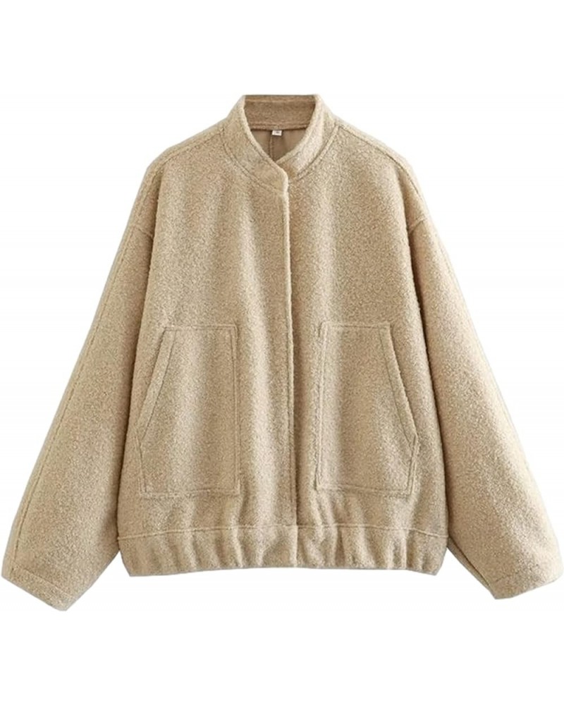 Womens Oversized Wool Blend Jackets Button Down Shacket Stand Collar Outerwear Bomber Jackets Khaki $8.24 Coats