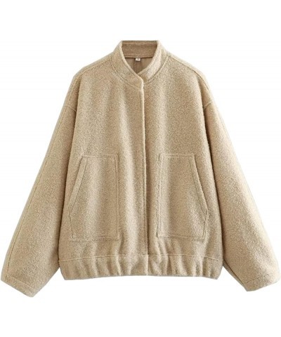 Womens Oversized Wool Blend Jackets Button Down Shacket Stand Collar Outerwear Bomber Jackets Khaki $8.24 Coats