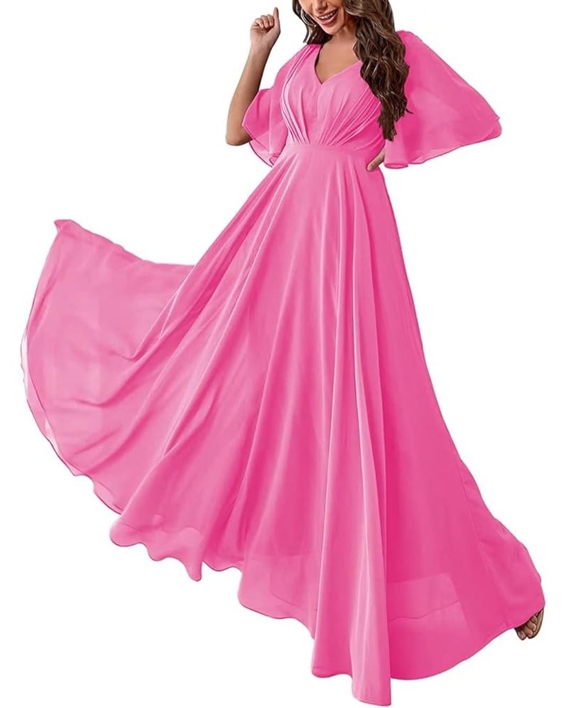 Bridesmaid Dresses with Sleeves Pleated Chiffon Prom Dresses V Neck Formal Wedding Evening Gowns for Women Hot Pink $36.27 Dr...