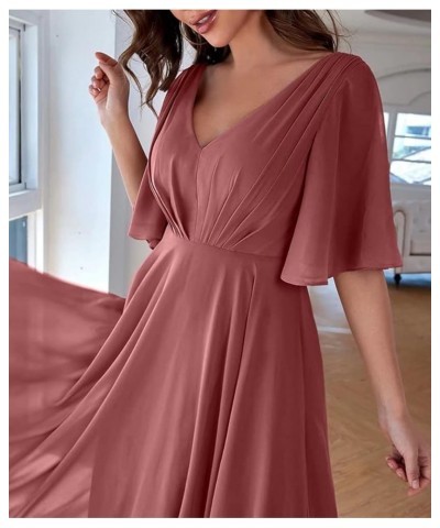 Bridesmaid Dresses with Sleeves Pleated Chiffon Prom Dresses V Neck Formal Wedding Evening Gowns for Women Hot Pink $36.27 Dr...