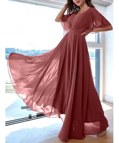 Bridesmaid Dresses with Sleeves Pleated Chiffon Prom Dresses V Neck Formal Wedding Evening Gowns for Women Hot Pink $36.27 Dr...