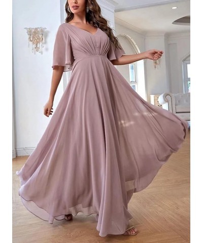 Bridesmaid Dresses with Sleeves Pleated Chiffon Prom Dresses V Neck Formal Wedding Evening Gowns for Women Hot Pink $36.27 Dr...