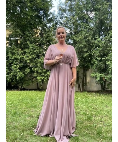 Bridesmaid Dresses with Sleeves Pleated Chiffon Prom Dresses V Neck Formal Wedding Evening Gowns for Women Hot Pink $36.27 Dr...