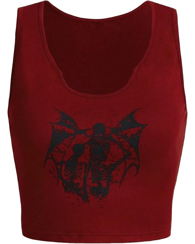 Women's Skull Print Notched Neck Sleeveless Summer Crop Tank Top Burgundy Graphic $12.99 Tanks