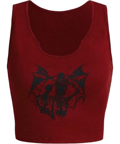 Women's Skull Print Notched Neck Sleeveless Summer Crop Tank Top Burgundy Graphic $12.99 Tanks