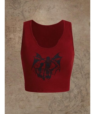 Women's Skull Print Notched Neck Sleeveless Summer Crop Tank Top Burgundy Graphic $12.99 Tanks