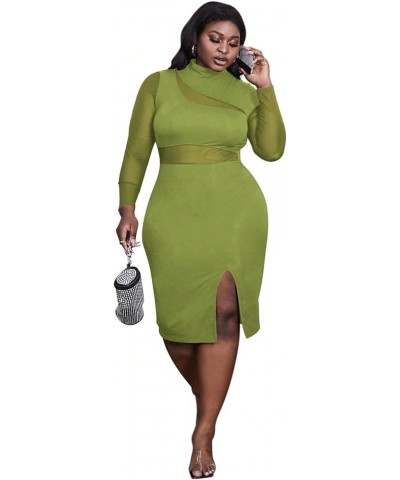 Women's Plus Mock Neck Mesh Long Sleeve Slit Sexy Party Club Bodycon Midi Dress Cadet Blue $15.99 Dresses