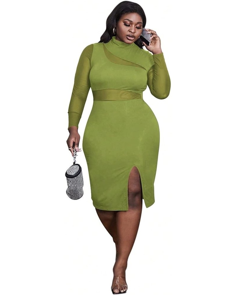 Women's Plus Mock Neck Mesh Long Sleeve Slit Sexy Party Club Bodycon Midi Dress Cadet Blue $15.99 Dresses