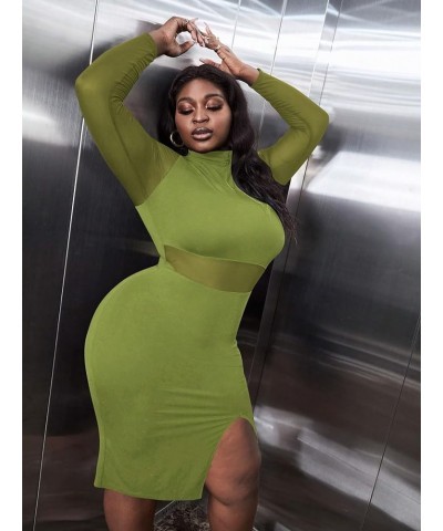 Women's Plus Mock Neck Mesh Long Sleeve Slit Sexy Party Club Bodycon Midi Dress Cadet Blue $15.99 Dresses