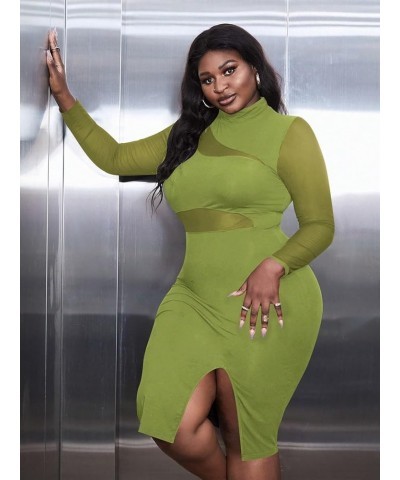 Women's Plus Mock Neck Mesh Long Sleeve Slit Sexy Party Club Bodycon Midi Dress Cadet Blue $15.99 Dresses