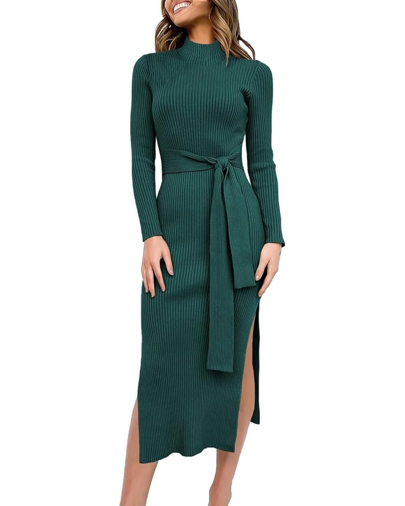 Women's Sweater Dress 2023 Elegant Fall Long Sleeve Mock Neck Tie Waist Slim Fit Slit Sexy Ribbed Knit Midi Dresses Green $10...