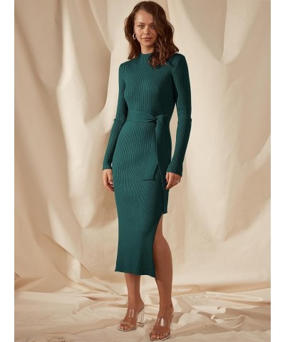 Women's Sweater Dress 2023 Elegant Fall Long Sleeve Mock Neck Tie Waist Slim Fit Slit Sexy Ribbed Knit Midi Dresses Green $10...