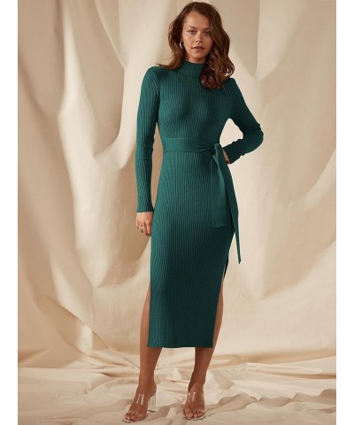 Women's Sweater Dress 2023 Elegant Fall Long Sleeve Mock Neck Tie Waist Slim Fit Slit Sexy Ribbed Knit Midi Dresses Green $10...