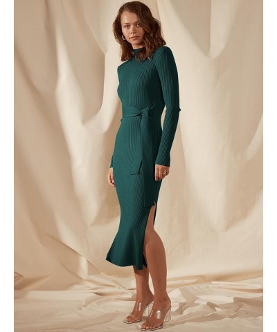 Women's Sweater Dress 2023 Elegant Fall Long Sleeve Mock Neck Tie Waist Slim Fit Slit Sexy Ribbed Knit Midi Dresses Green $10...