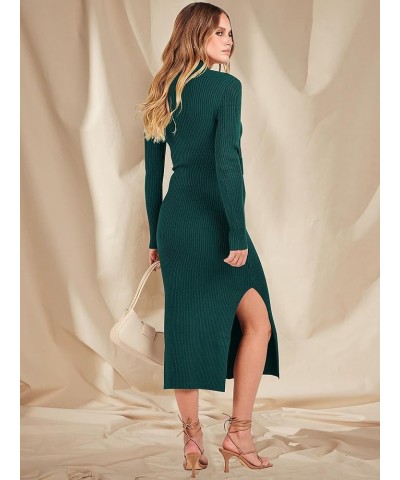 Women's Sweater Dress 2023 Elegant Fall Long Sleeve Mock Neck Tie Waist Slim Fit Slit Sexy Ribbed Knit Midi Dresses Green $10...