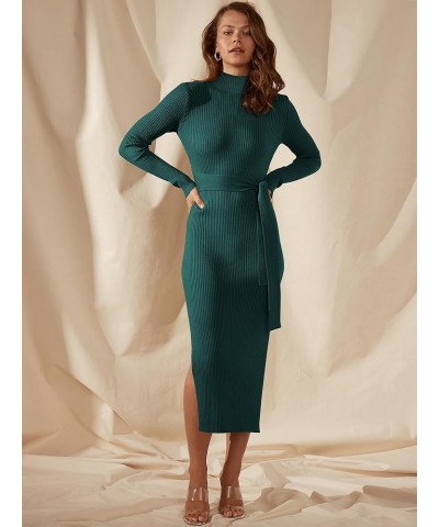 Women's Sweater Dress 2023 Elegant Fall Long Sleeve Mock Neck Tie Waist Slim Fit Slit Sexy Ribbed Knit Midi Dresses Green $10...