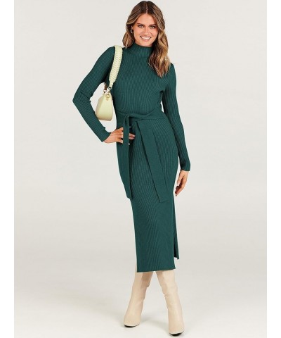 Women's Sweater Dress 2023 Elegant Fall Long Sleeve Mock Neck Tie Waist Slim Fit Slit Sexy Ribbed Knit Midi Dresses Green $10...