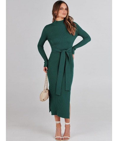 Women's Sweater Dress 2023 Elegant Fall Long Sleeve Mock Neck Tie Waist Slim Fit Slit Sexy Ribbed Knit Midi Dresses Green $10...